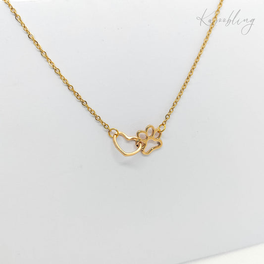 gold plated interlocking heart & paw print necklace (water & tarnish proof)