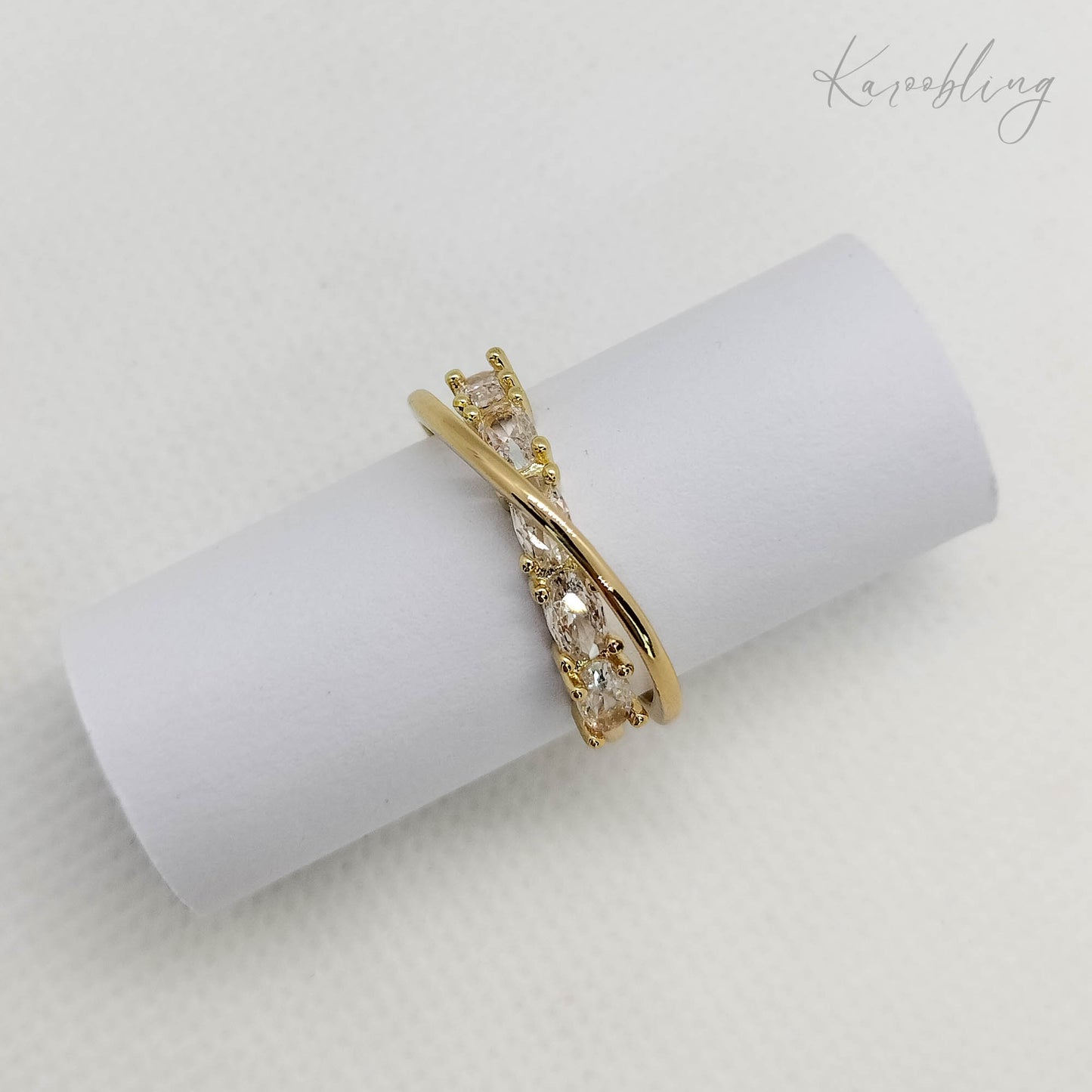 Gold Plated Oval CZ Criss-Cross Ring - close up