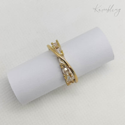 Gold Plated Oval CZ Criss-Cross Ring - close up