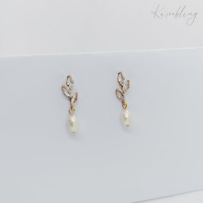 gold plated pearl bridal leaf dangling pearl earrings