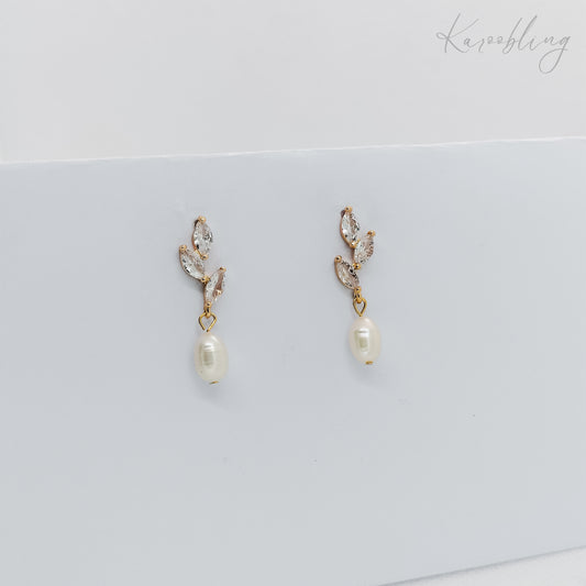 gold plated pearl bridal leaf dangling pearl earrings