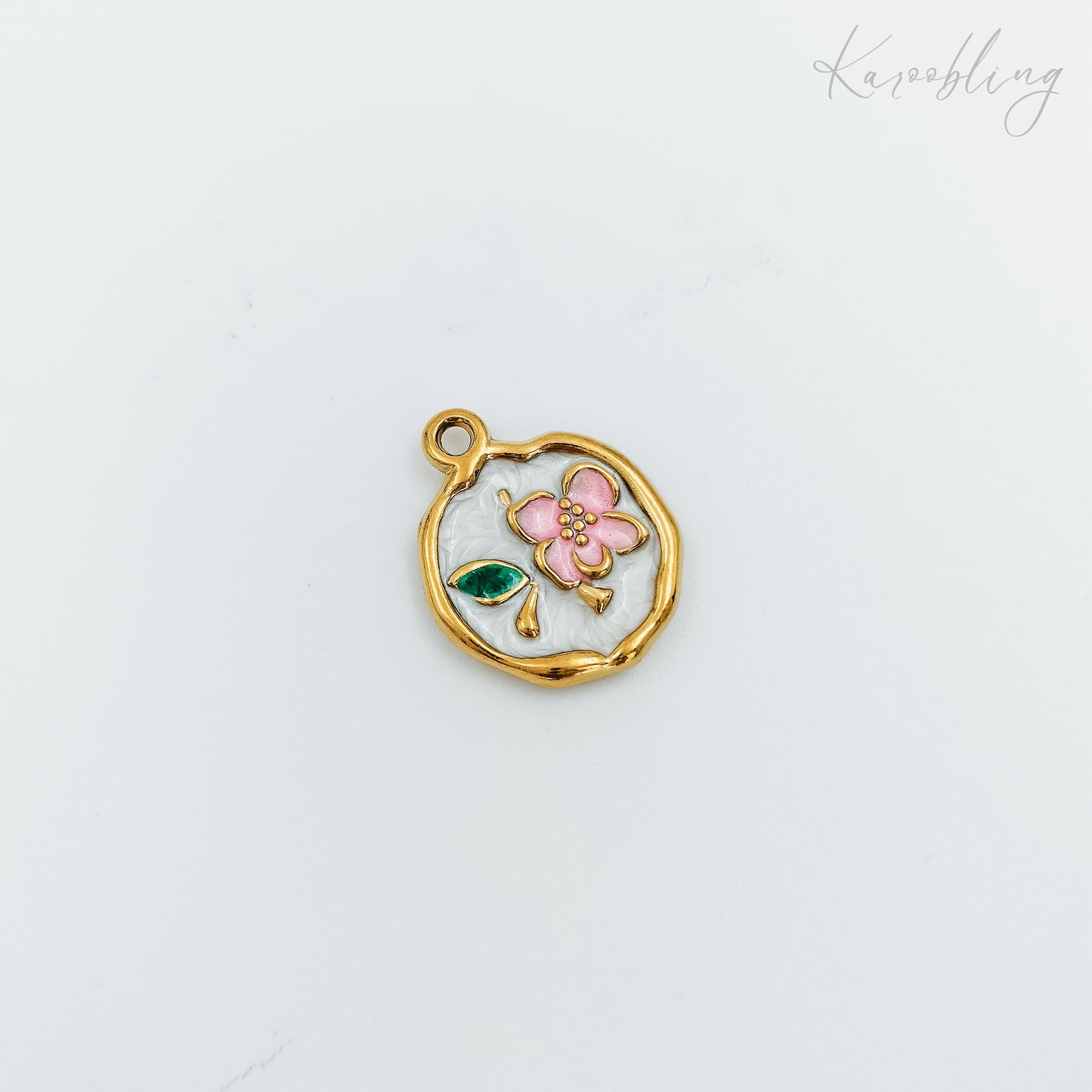 gold plated pink flower medallion charm (water & tarnish proof)