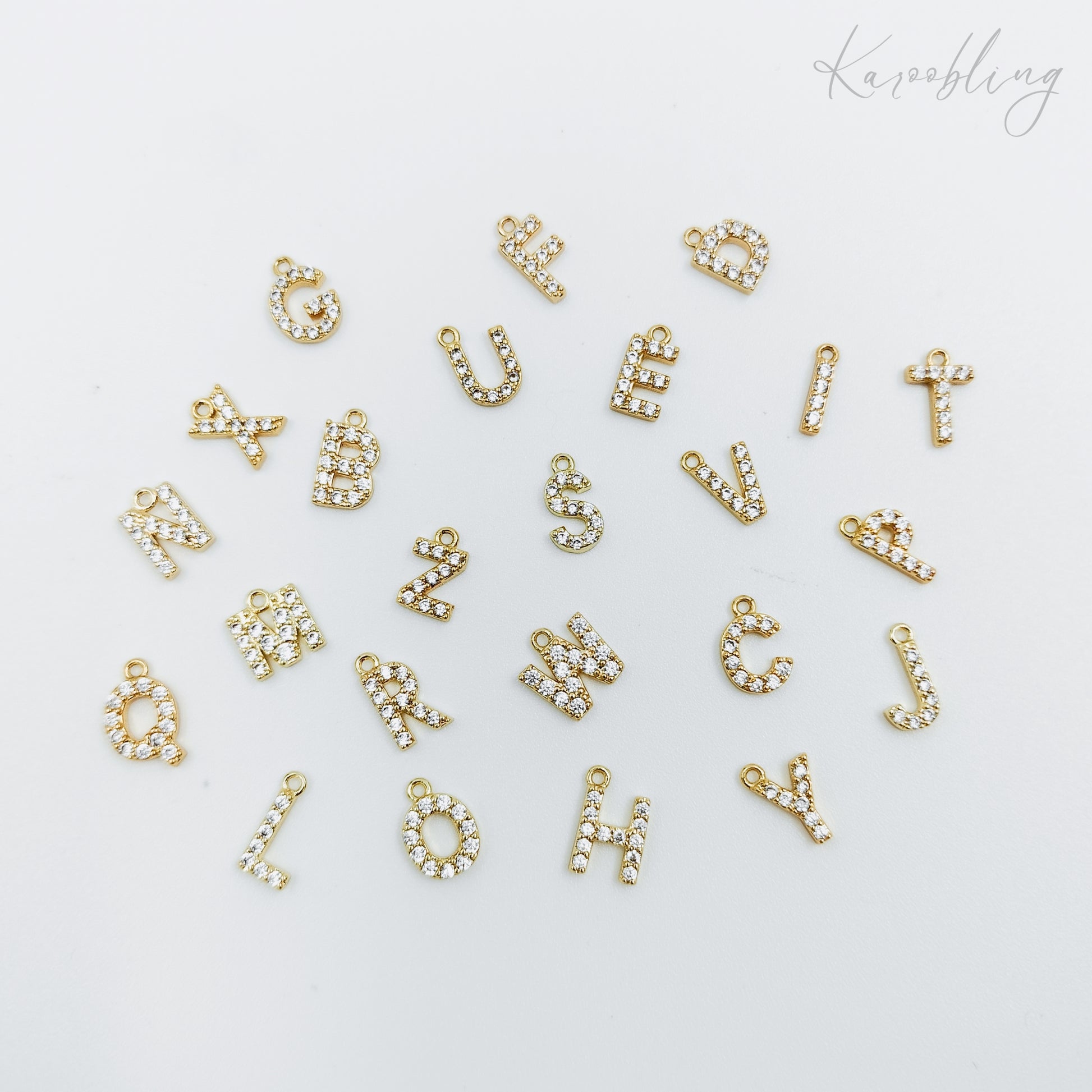 gold plated rhinestone initial charm (water & tarnish proof)