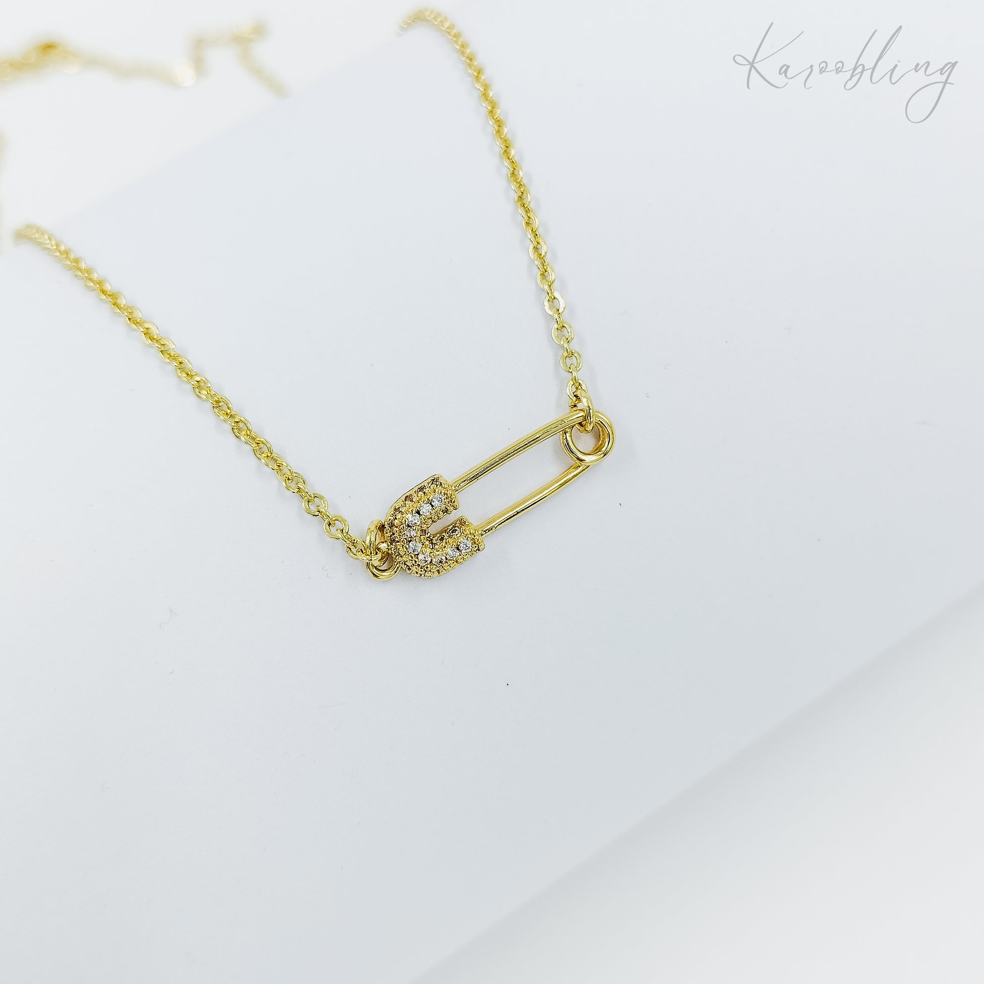 gold plated rhinestone safety pin necklace (water & tarnish proof)