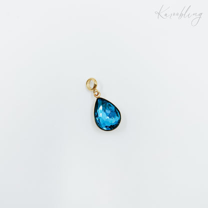 gold plated teardrop rhinestone charms - blue (water & tarnish proof)