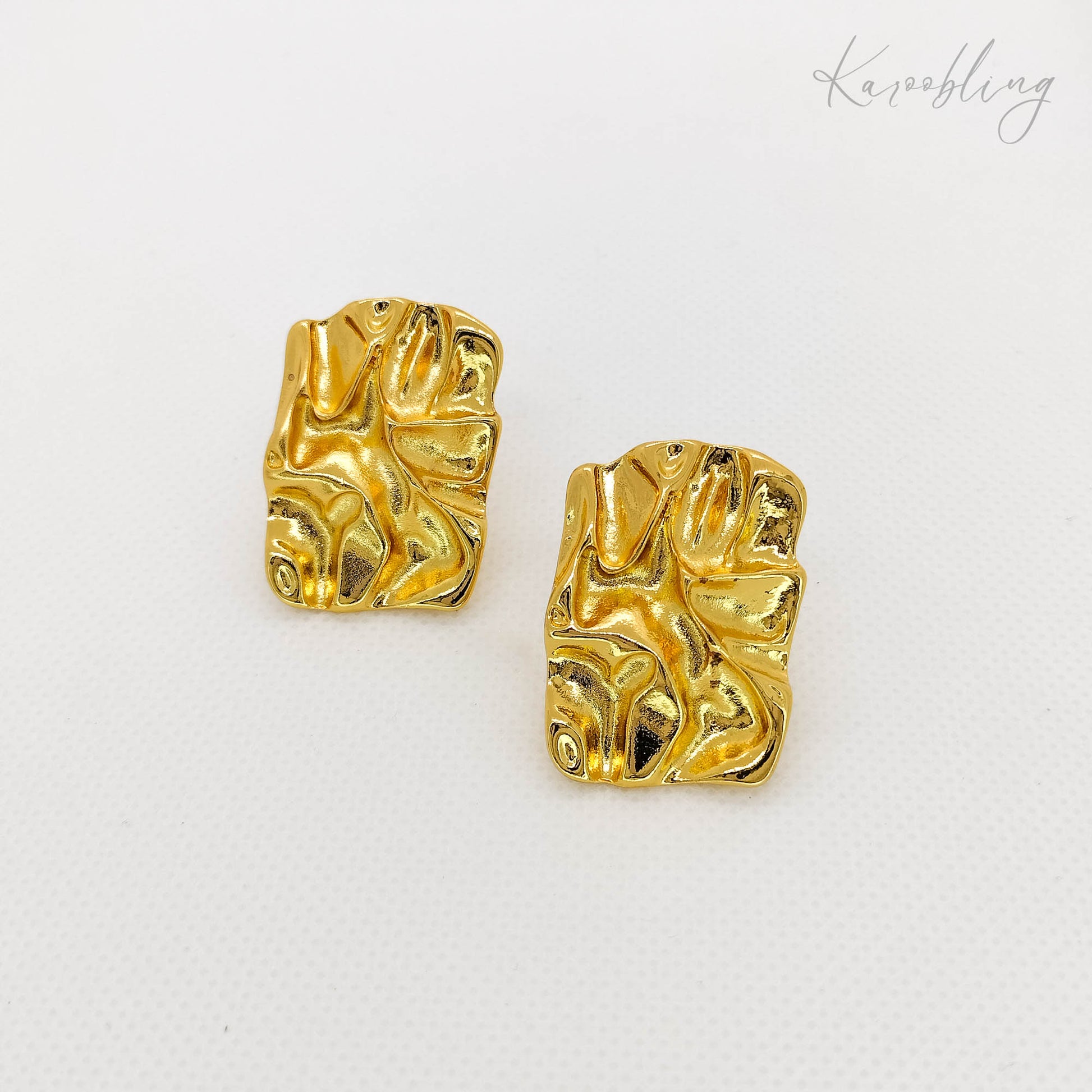 hammer texture rectangular stud earrings gold plated (water & tarnish proof)