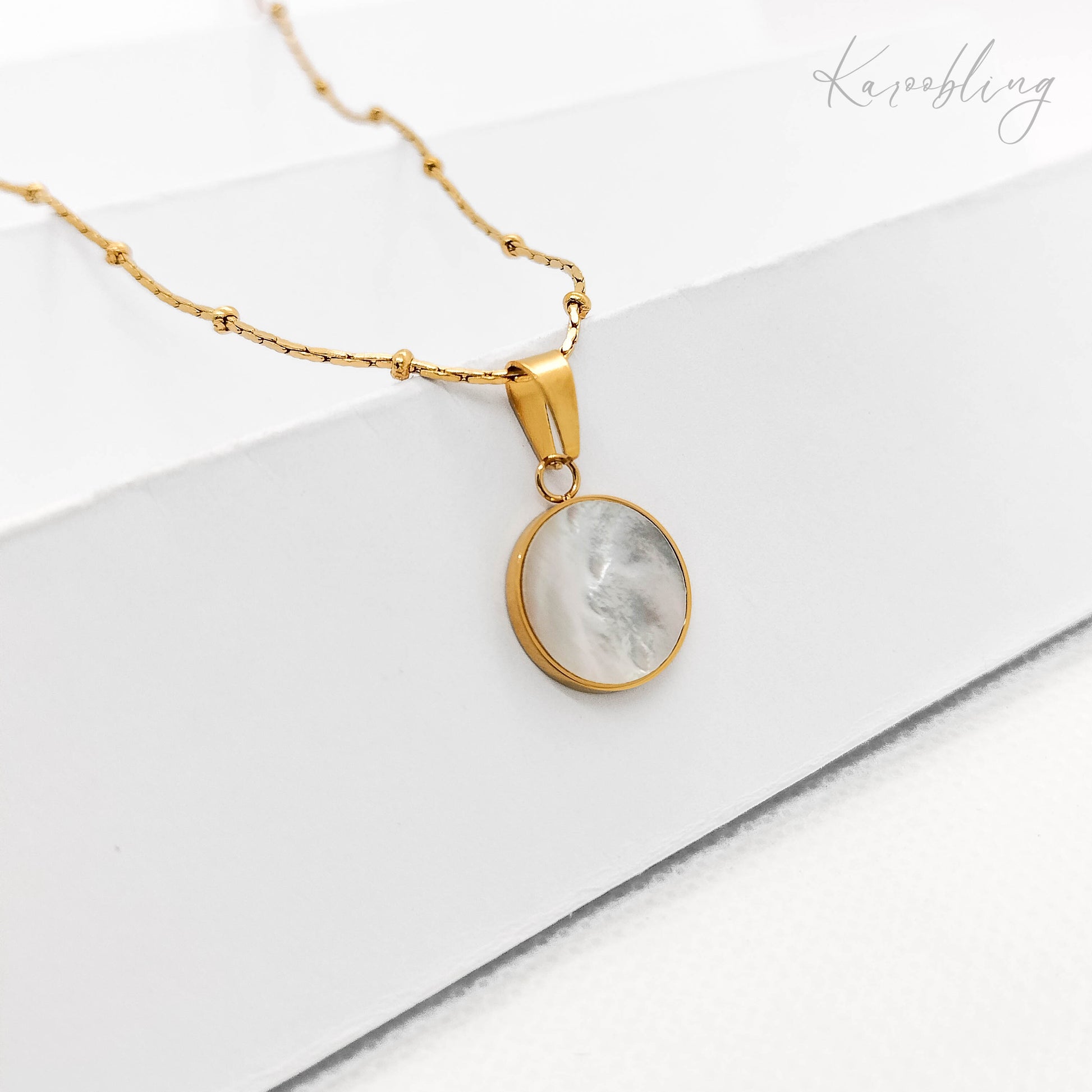 Mother of Pearl Disc Pendant Necklace Karoobling Jewelry Water