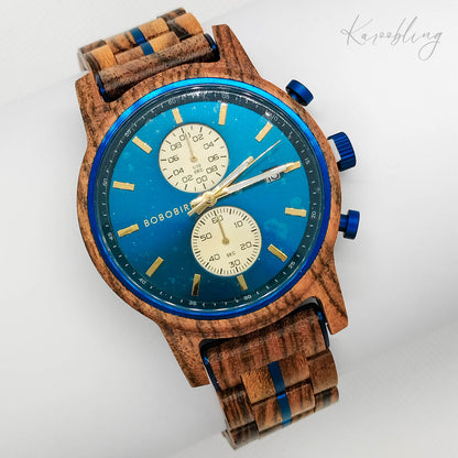 Natural Wenge Wood and Blue Stainless Steel Men's Wooden Watch