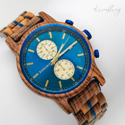 Natural Wenge Wood and Blue Stainless Steel Men's Wooden Watch