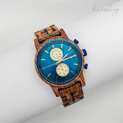 Natural Wenge Wood and Blue Stainless Steel Men's Wooden Watch