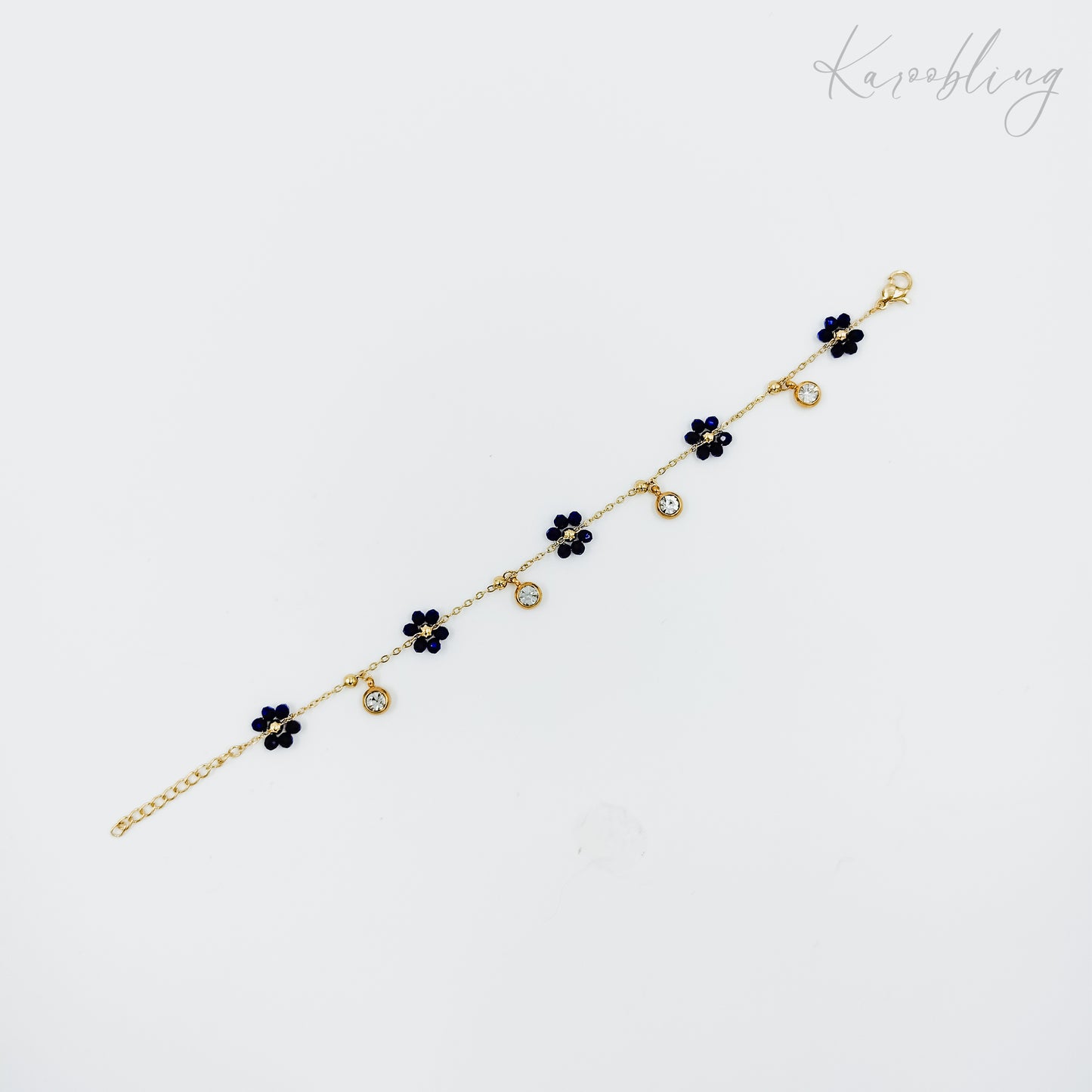 navy blue daisy gold plated charm bracelet (water & tarnish proof)