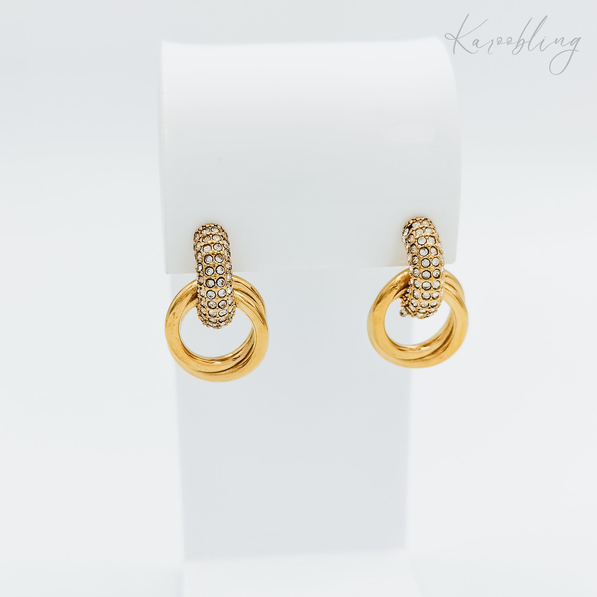 pave cubic zirconia ring-drop studs 18K gold plated (water & tarnish proof)