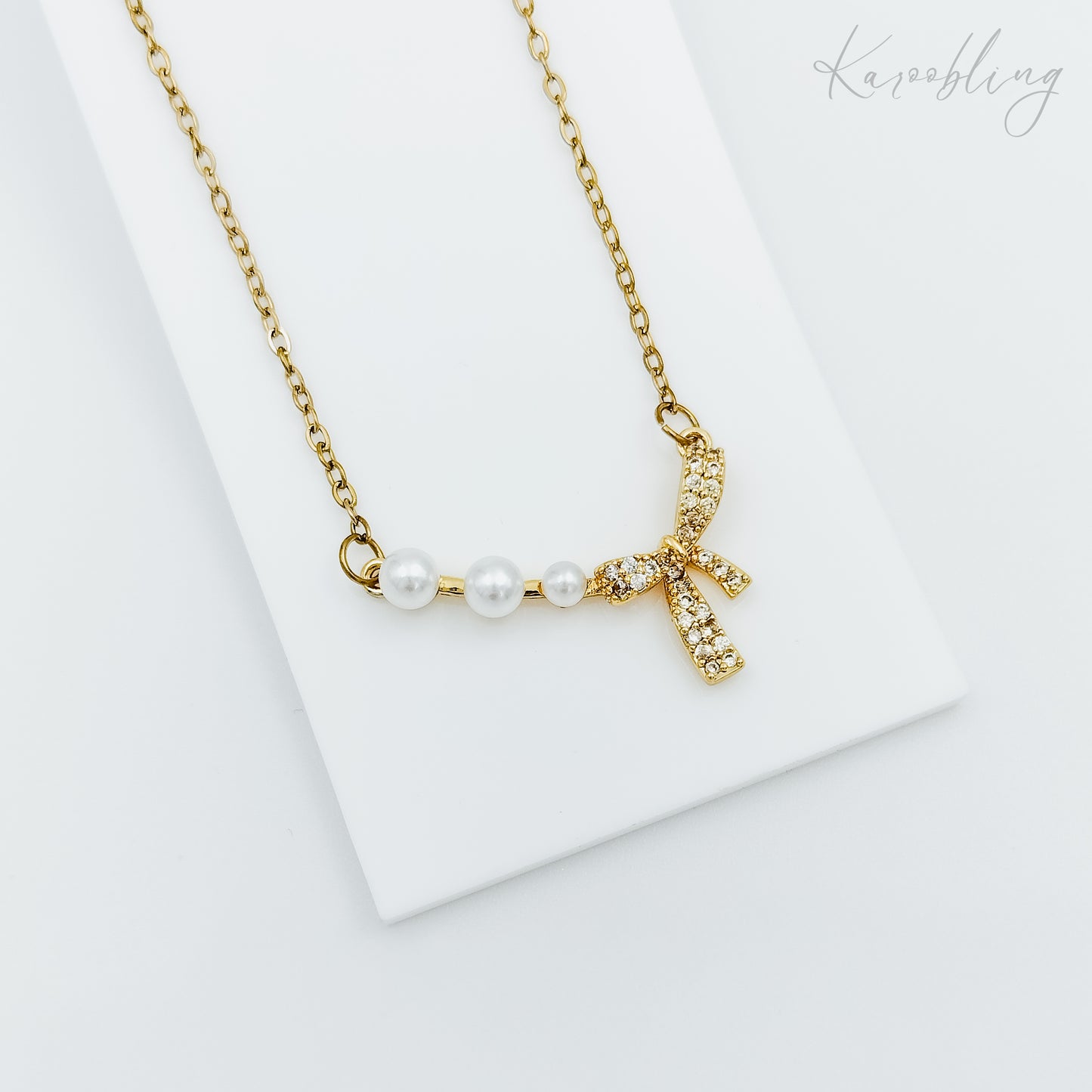 pearl bow necklace gold plated (water & tarnish proof)