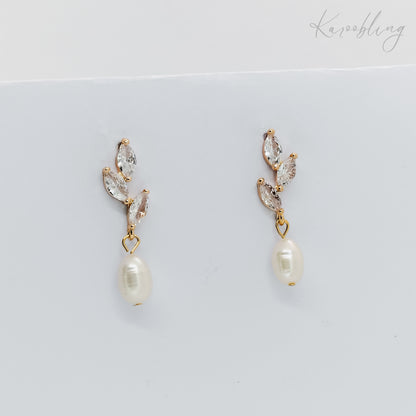 pearl bridal leaf dangling pearl earrings gold plated