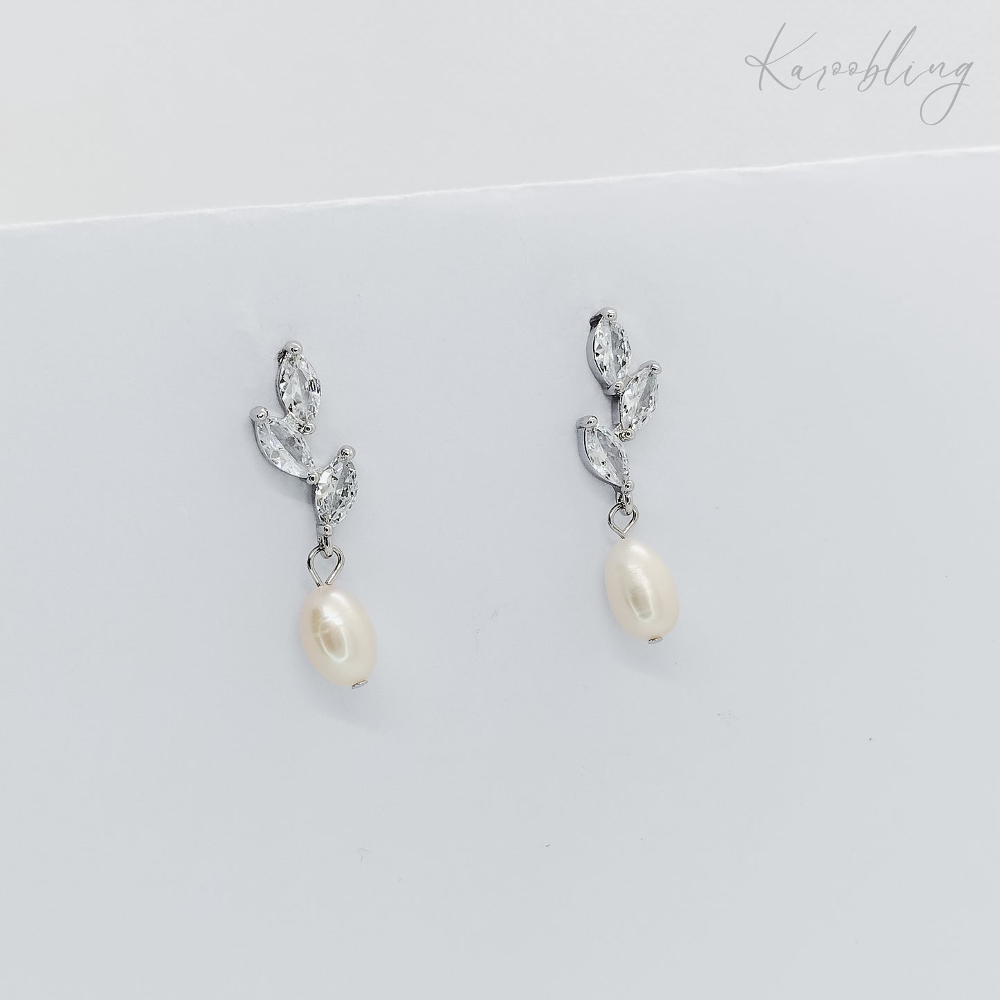 pearl bridal leaf dangling pearl earrings silver plated 