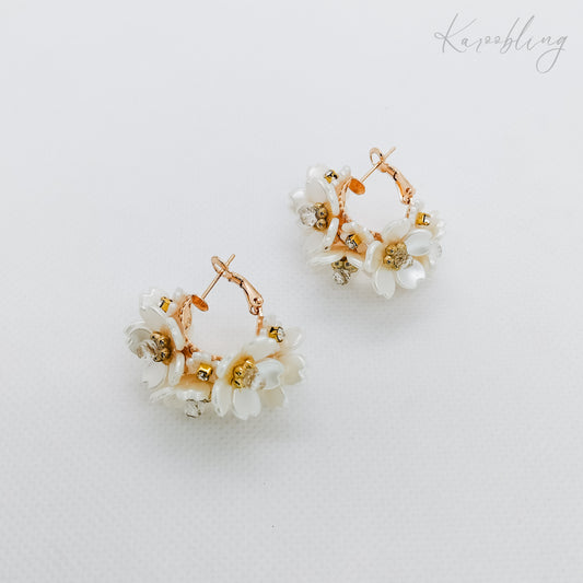 pearl cluster floral hoop earrings gold plated