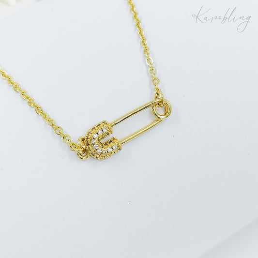 rhinestone safety pin necklace gold plated (water & tarnish proof)