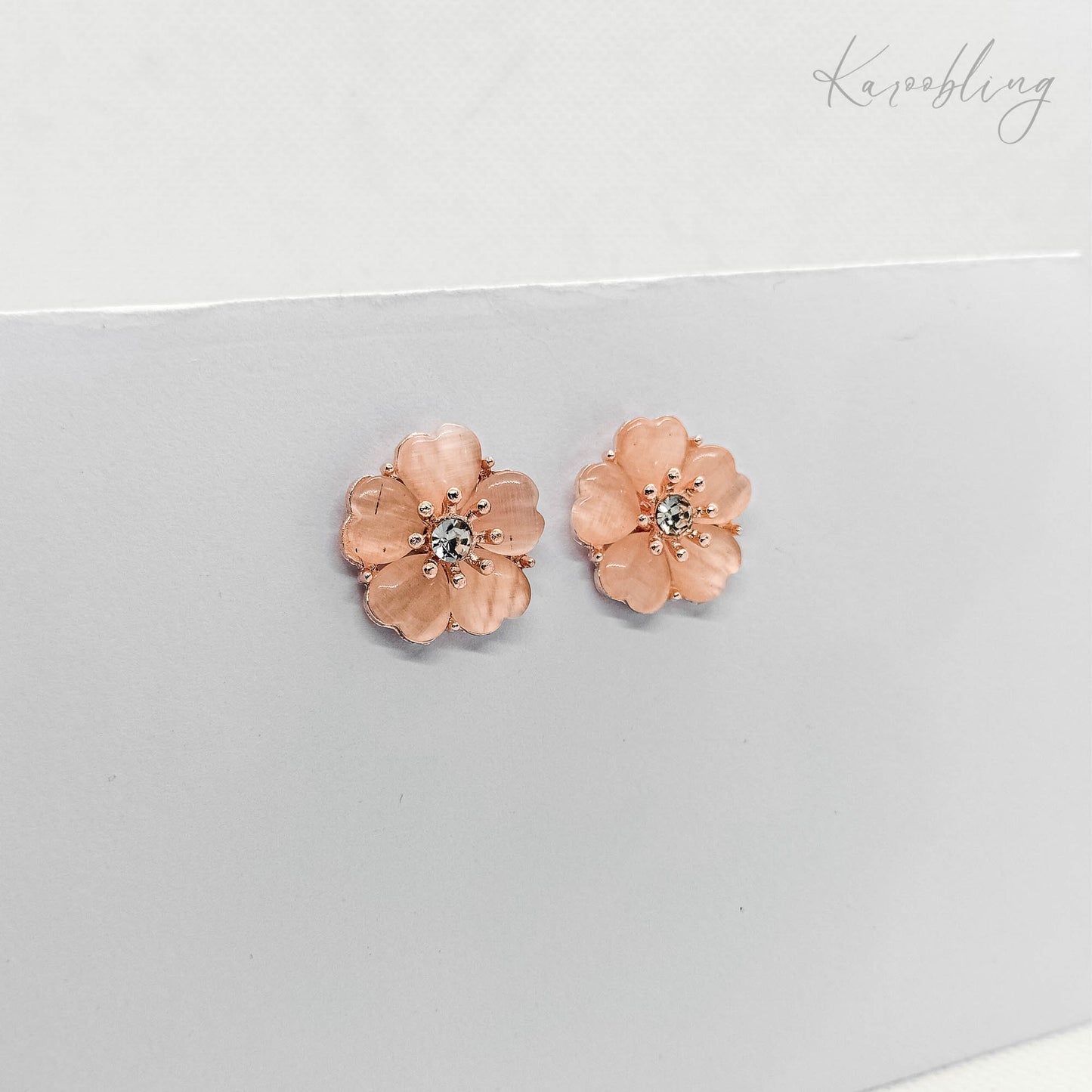 Rose Gold Plated Flower Stud Earrings - close up