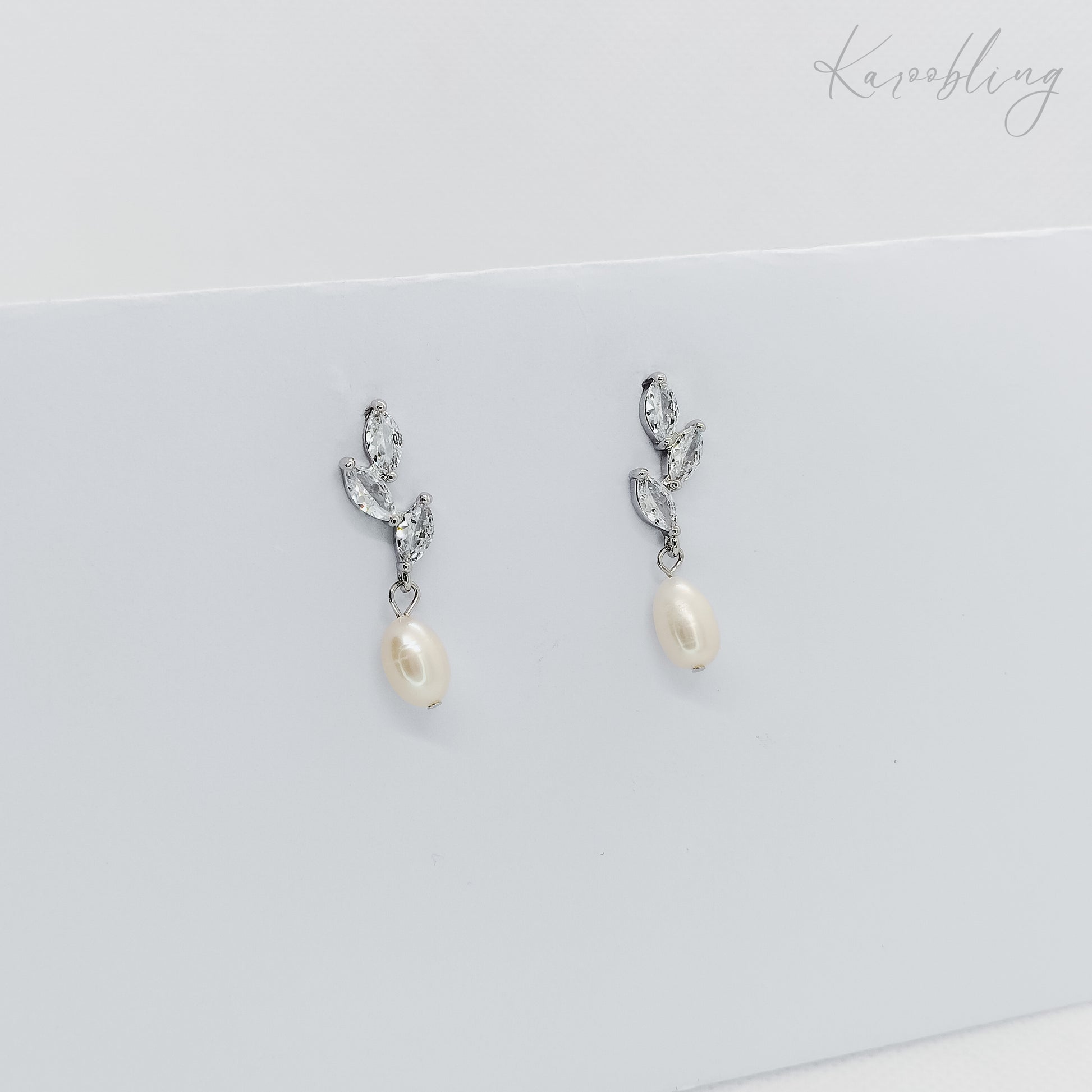 silver plated pearl bridal leaf dangling pearl earrings