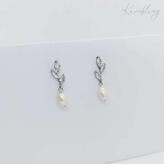 silver plated pearl bridal leaf dangling pearl earrings