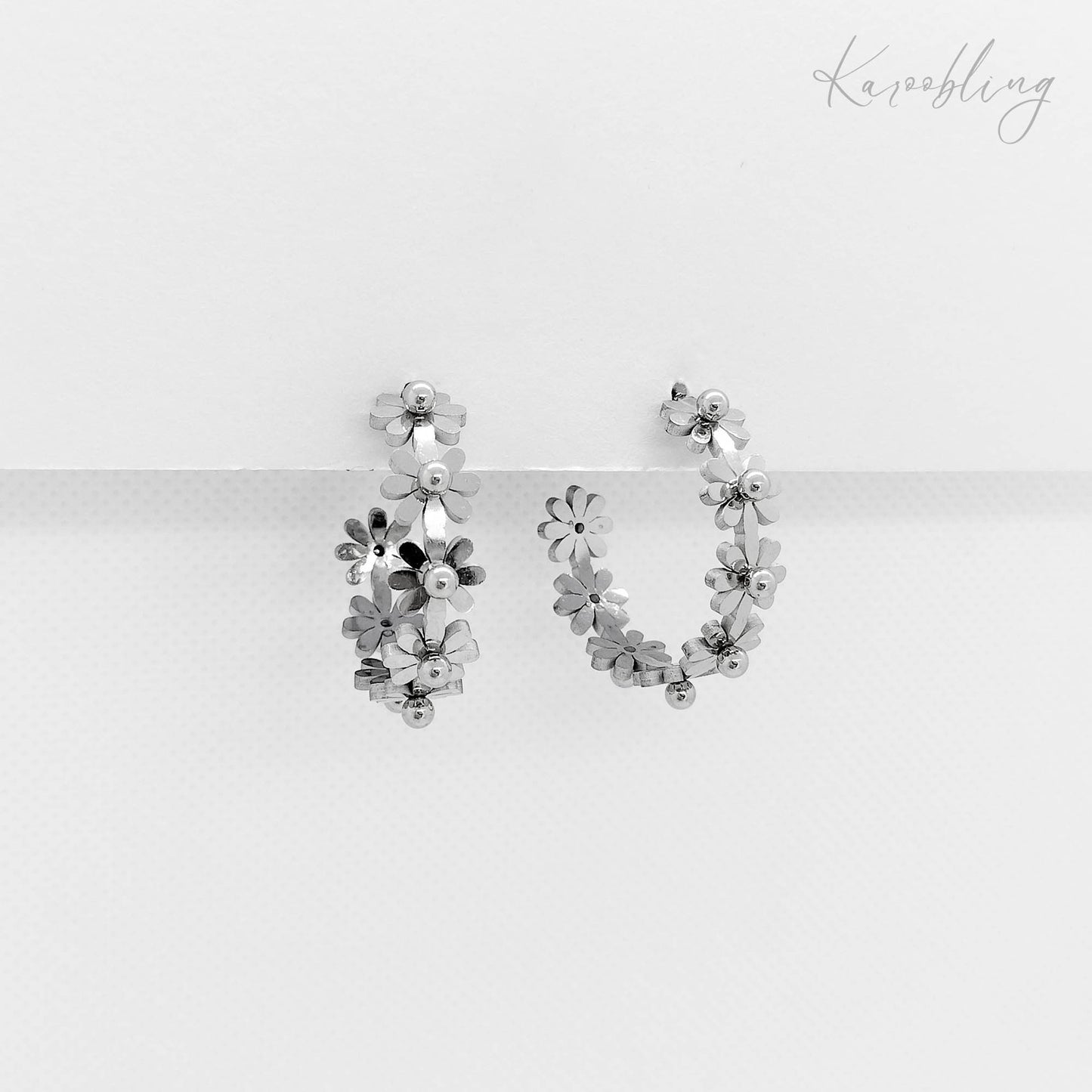 silver daisy flower hoop earrings