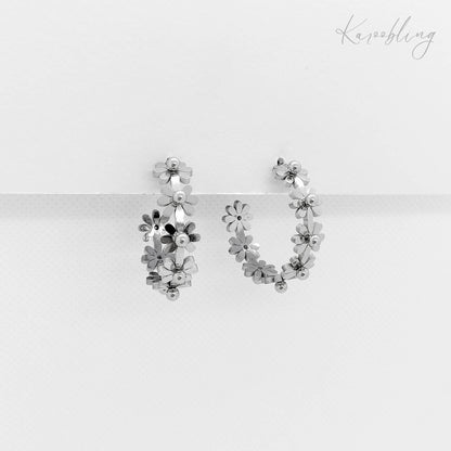 silver daisy flower hoop earrings