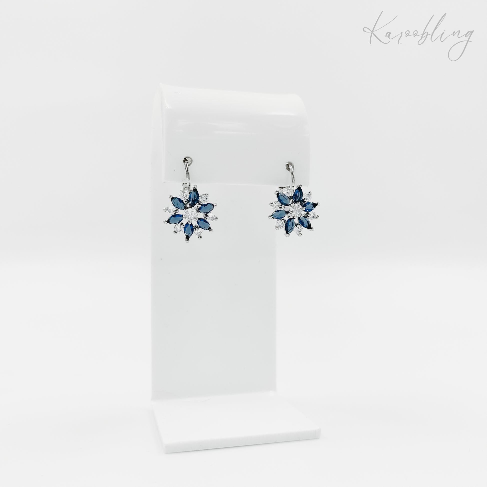 silver plated blue & clear cubic zirconia flower drop earrings (bridal & formal)