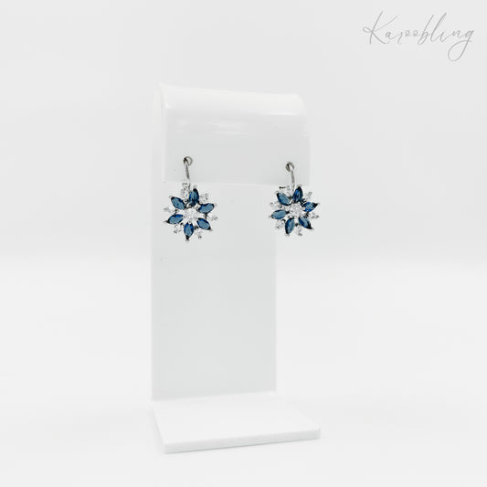 silver plated blue & clear cubic zirconia flower drop earrings (bridal & formal)