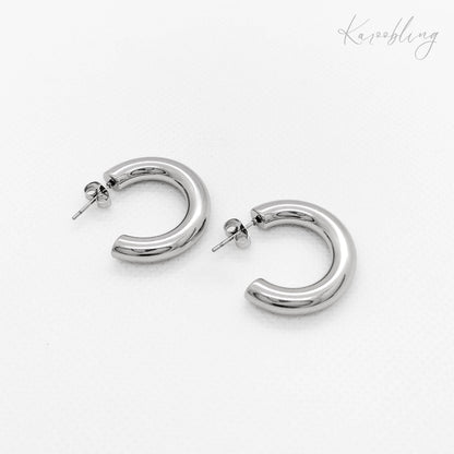 silver plated chunky c hoop earrings, waterproof and tarnish resistant