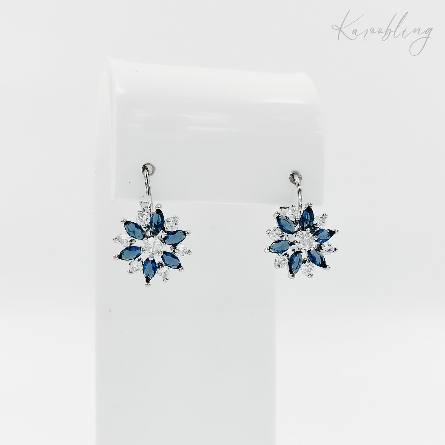 silver plated flower blue & clear cubic zirconia drop earrings (bridal & formal)