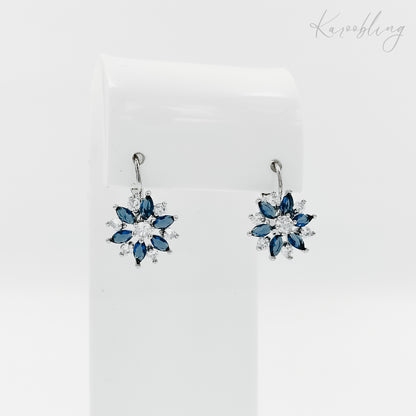 silver plated flower blue & clear cubic zirconia drop earrings (bridal & formal)