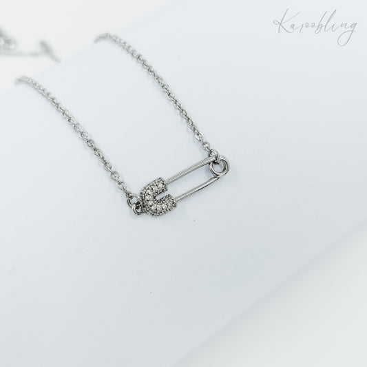 stainless steel rhinestone safety pin necklace (water & tarnish proof)