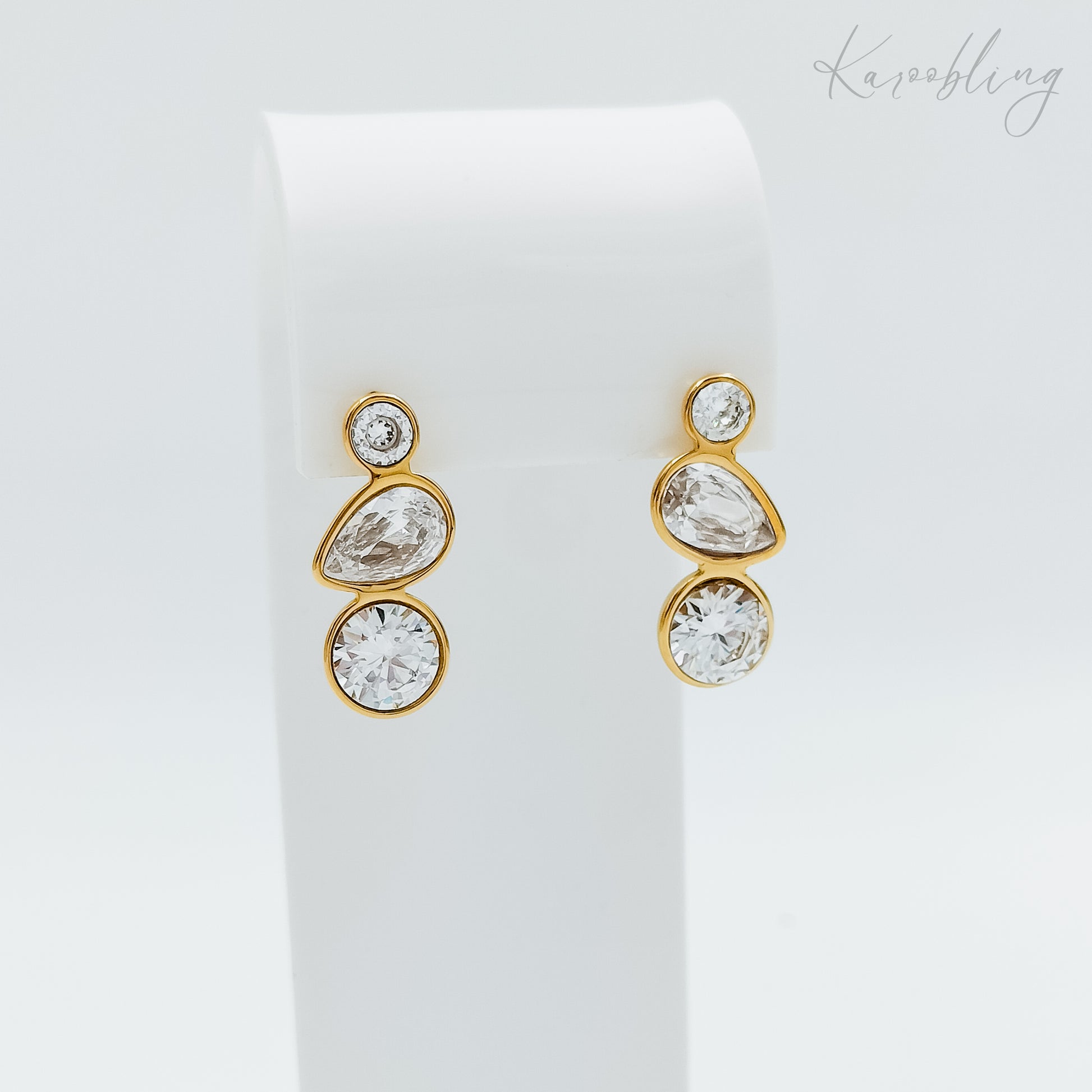 triple stone stud earrings 18k gold plated (water & tarnish proof)