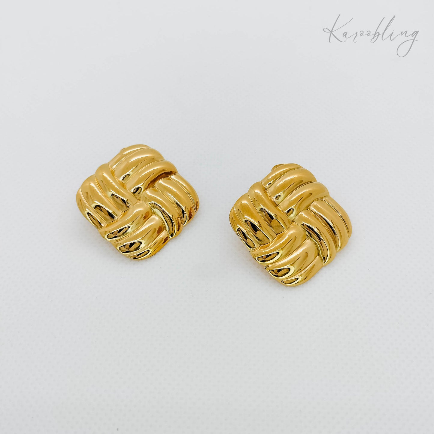 woven square stud earrings gold plated (water& tarnish proof)