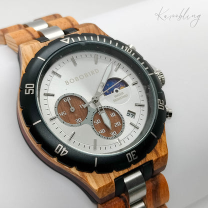 Zebrawood Eclipse Moon Phase Men's Wooden Watch - close up