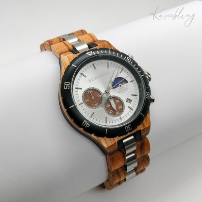 Zebrawood Eclipse Moon Phase Men's Wooden Watch - side angle