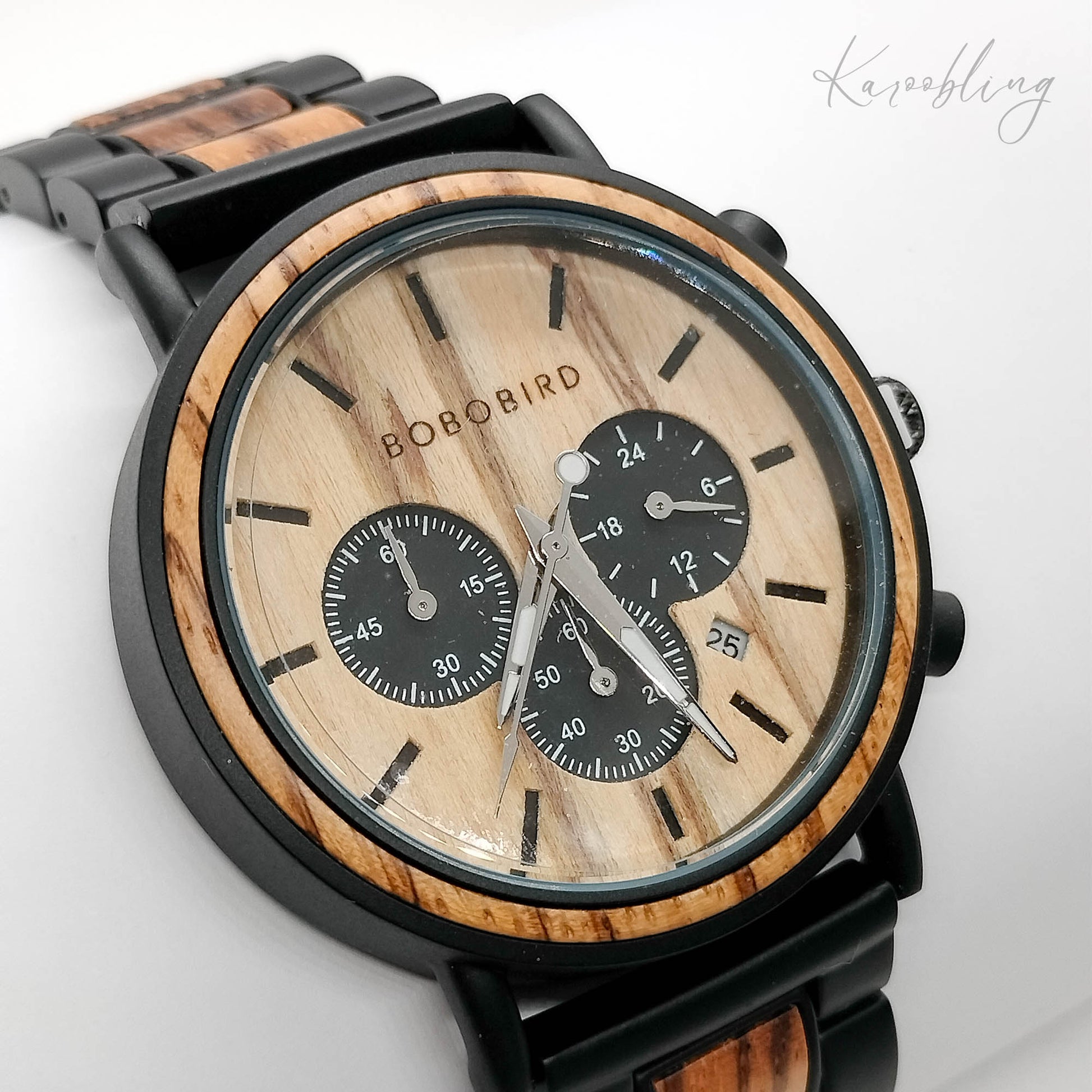 Zebrawood Elite Men's Wooden Watch - side angle close up