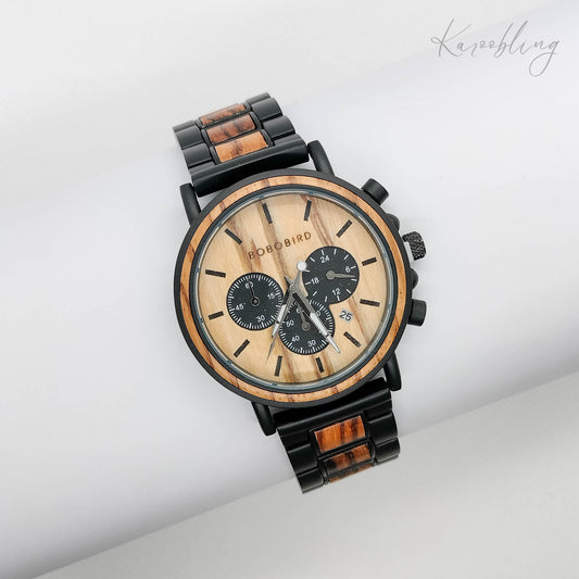 Zebrawood Elite Men's Wooden Watch - top angle