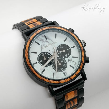 Zebrawood & Marbled Dial Men's Wooden Watch - side angle close up