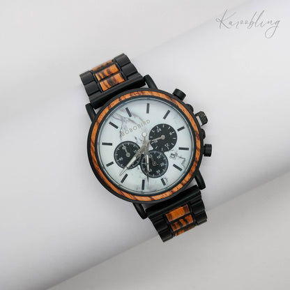 Zebrawood & Marbled Dial Men's Wooden Watch - top angle