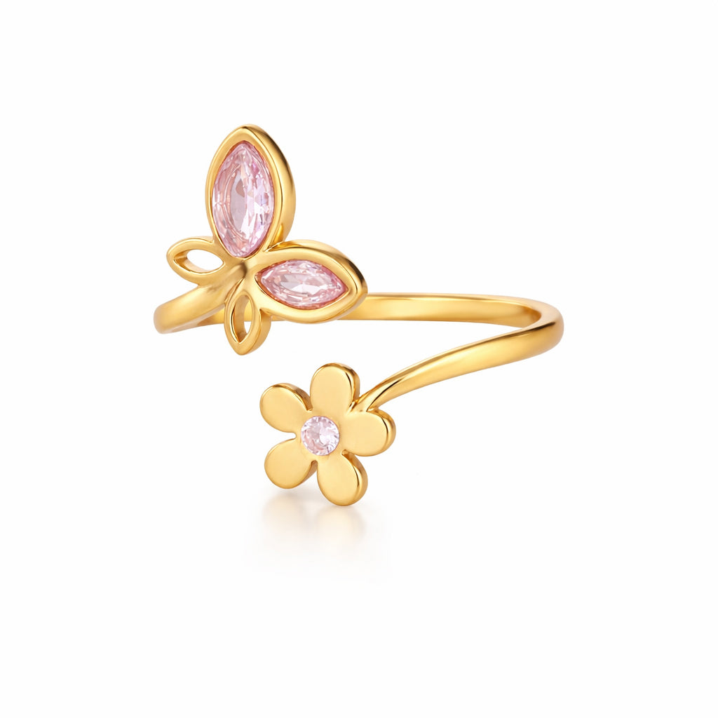 Adjustable gold plated butterfly and flower cubic zirconia ring, waterproof and tarnish resistant