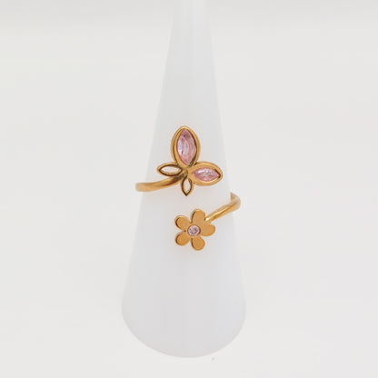 Adjustable gold plated butterfly and flower cubic zirconia ring, waterproof and tarnish resistant