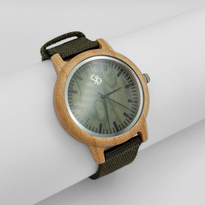 bamboo men's watch with olive green dial and nylon strap