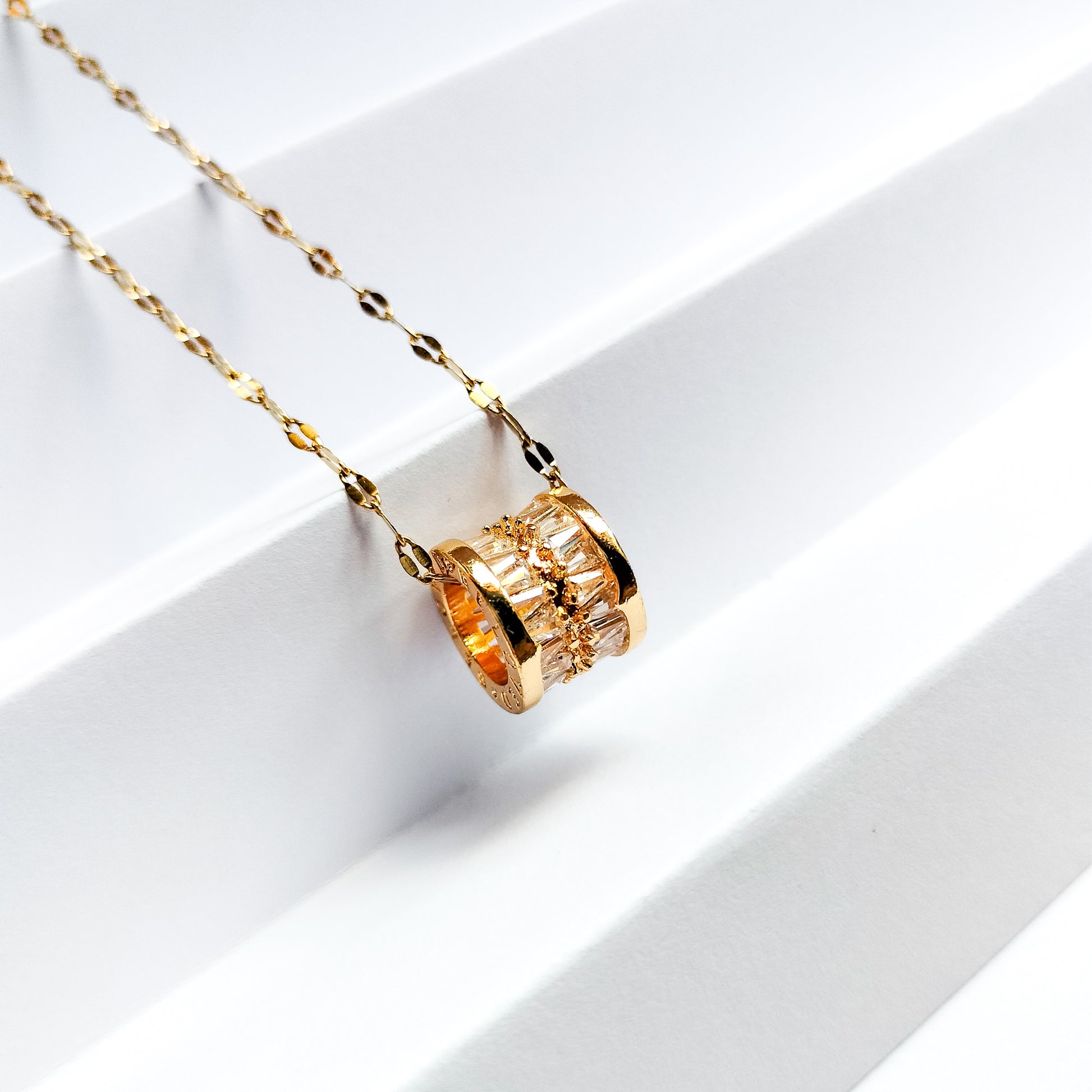 gold plated baguette pendant necklace, water and tarnish proof