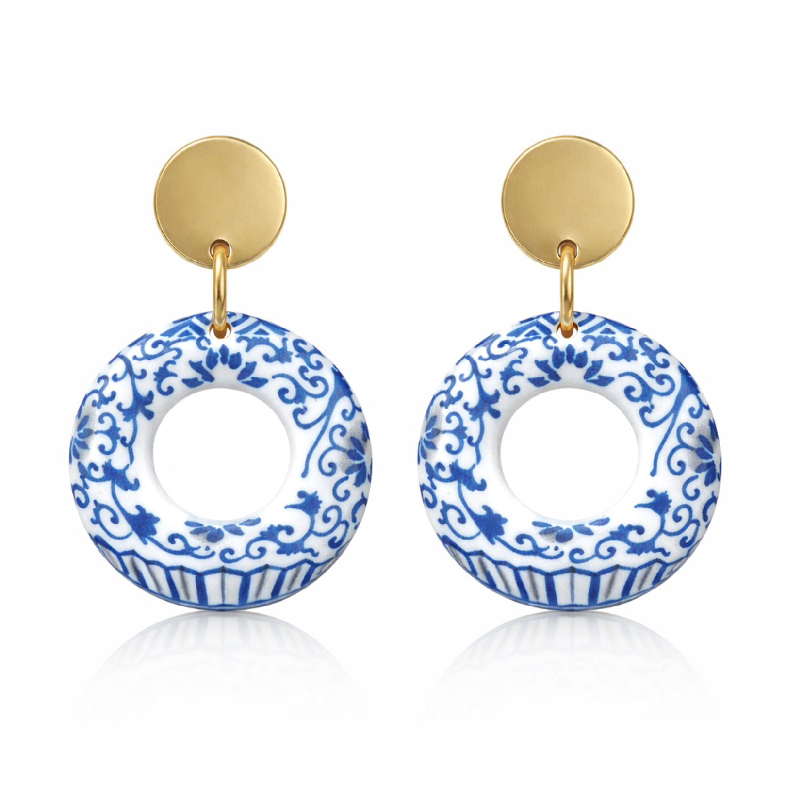 Blue and white acrylic drop earrings with gold plated stud