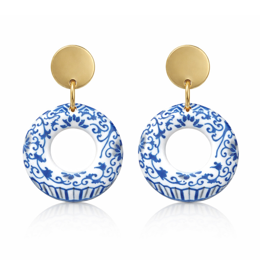 Blue and white acrylic drop earrings with gold plated stud