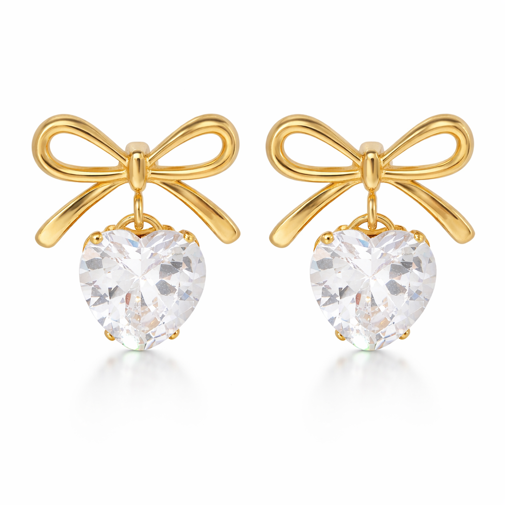 Gold plated bow heart rhinestone drop earring, waterproof and tarnish resistant