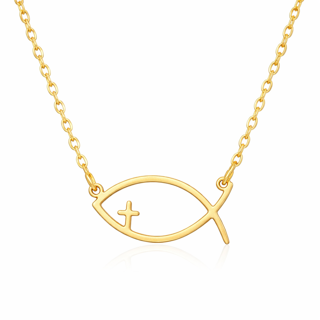 Gold plated Christian fish and cross necklace - waterproof and tarnish resistant