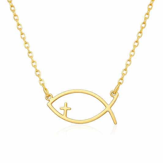 Gold plated Christian fish and cross necklace - waterproof and tarnish resistant