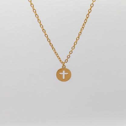 packshot of a gold plated cross disk necklace that is waterproof and tarnish resistant